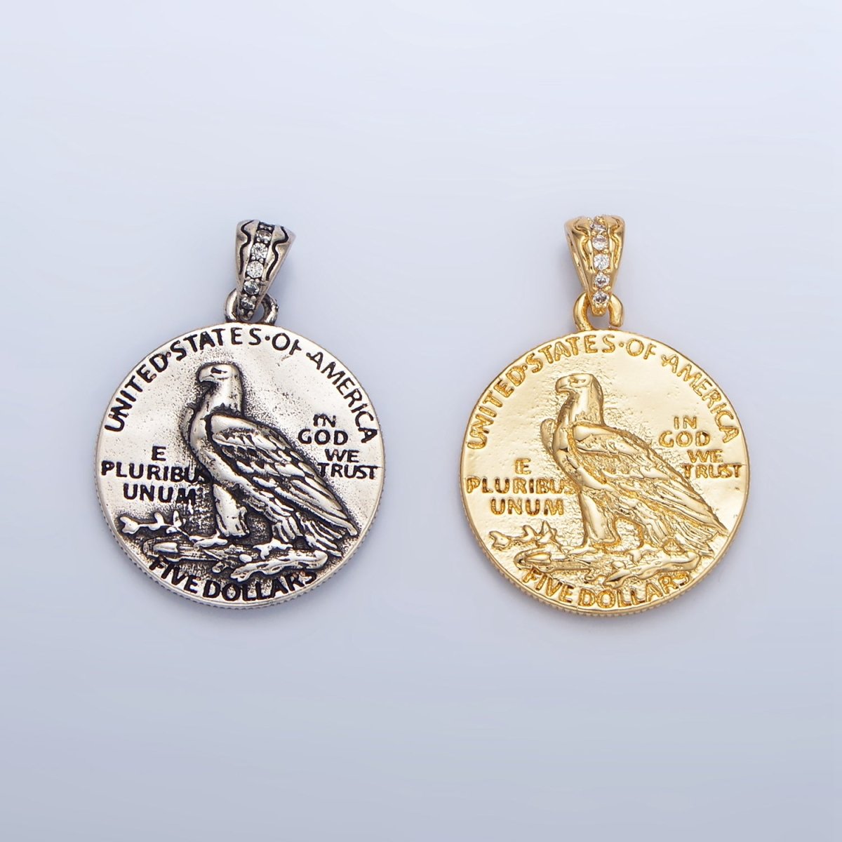 24K Gold Filled "E PLURIBUS UNUM" Eagle Indigenous America Double Sided Coin Pendant in Gold & Oxidized Silver | AA940 - DLUXCA