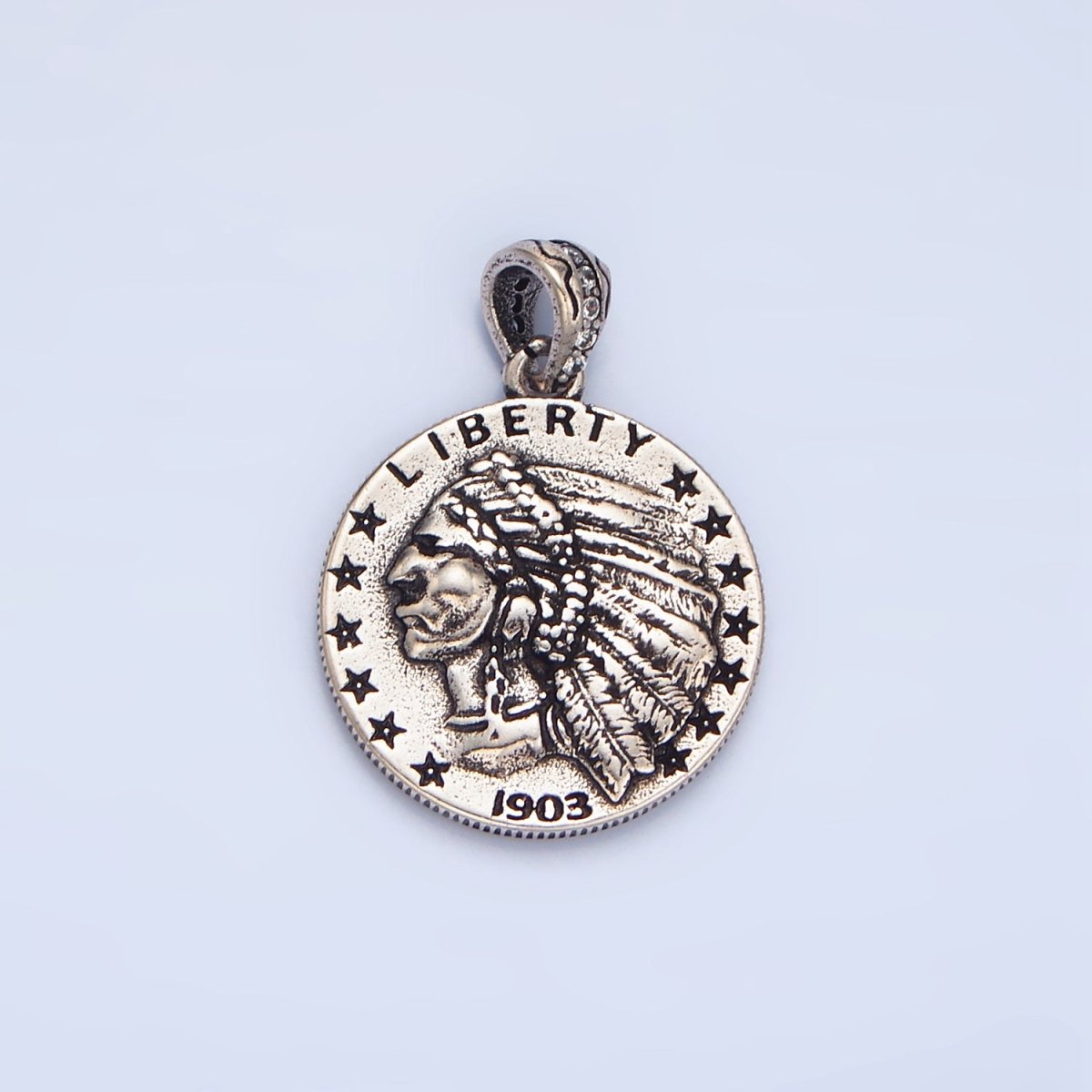 24K Gold Filled "E PLURIBUS UNUM" Eagle Indigenous America Double Sided Coin Pendant in Gold & Oxidized Silver | AA940 - DLUXCA