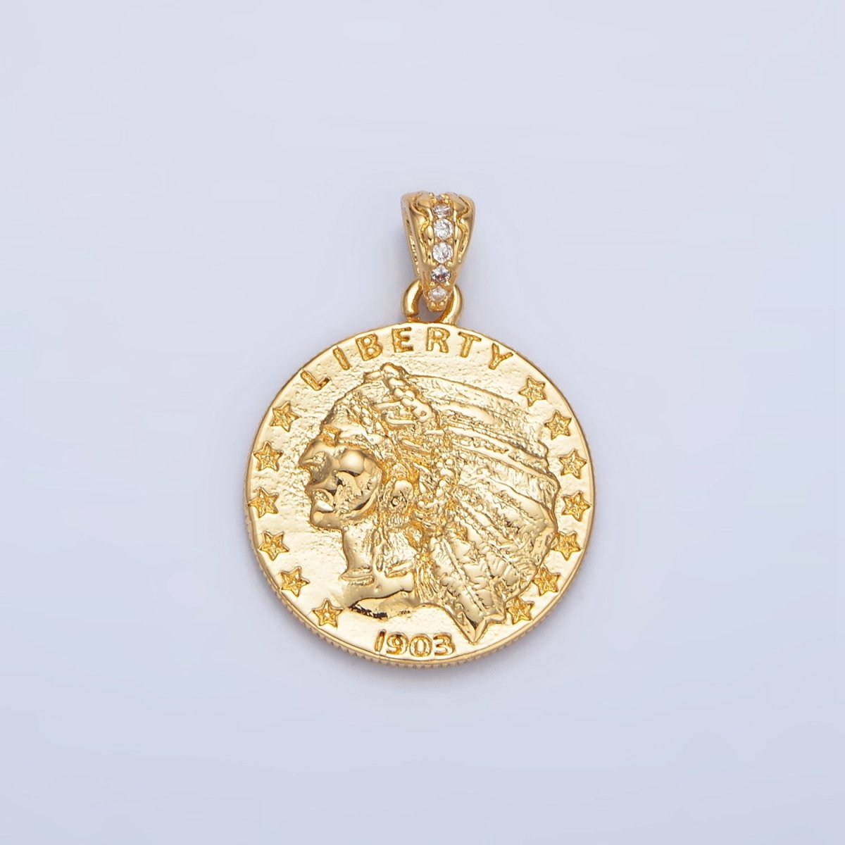 24K Gold Filled "E PLURIBUS UNUM" Eagle Indigenous America Double Sided Coin Pendant in Gold & Oxidized Silver | AA940 - DLUXCA