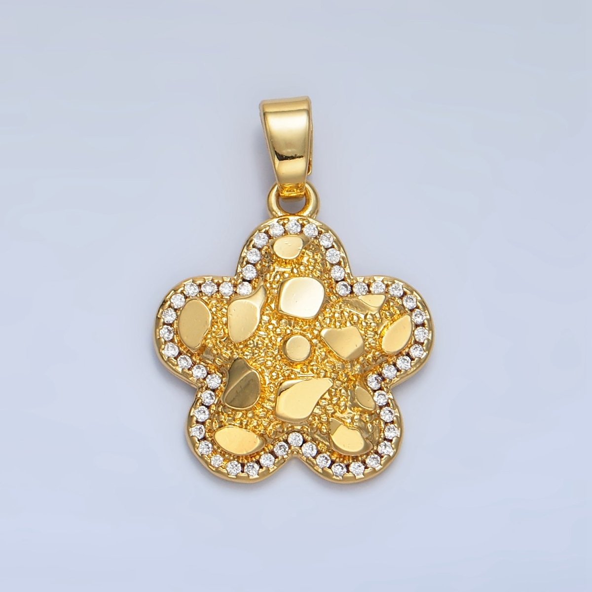 24K Gold Filled Edged Textured Micro Paved CZ Flower Pendant | AA789 - DLUXCA