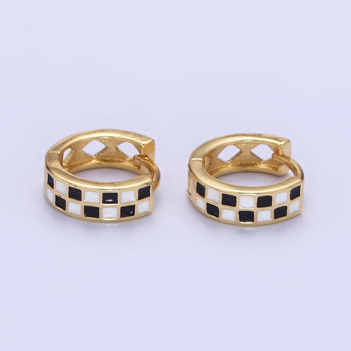 24K Gold Filled Enamel Checker Hoops Earring Retro Gold Huggie Earrings V131 V132 - DLUXCA