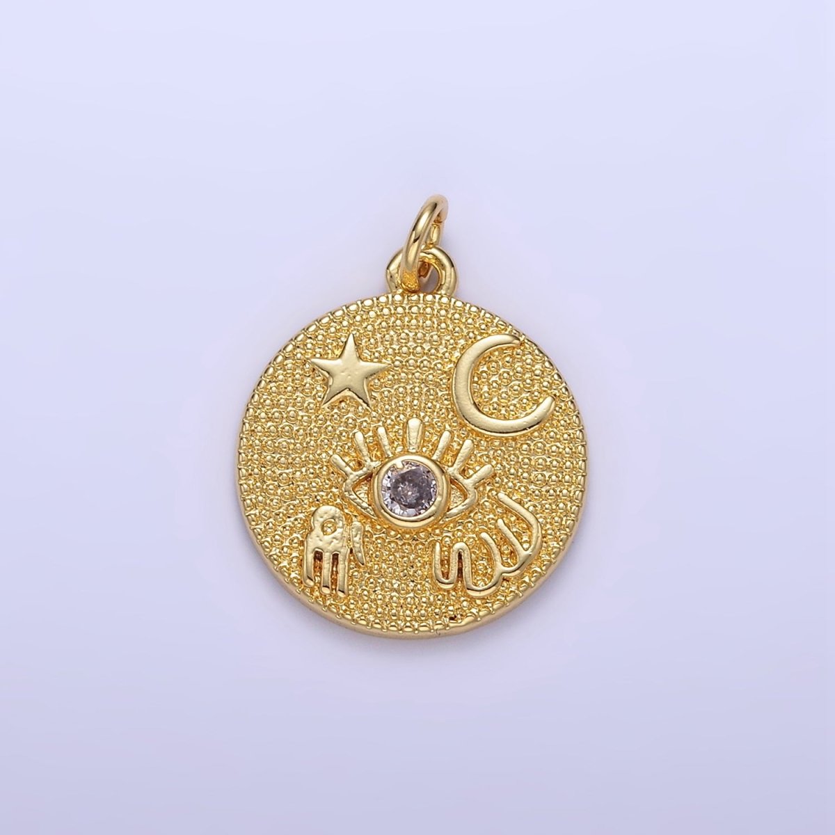 24K Gold Filled Evil Eye Hamsa Hand Celestial Textured Round Charm | E347 - DLUXCA