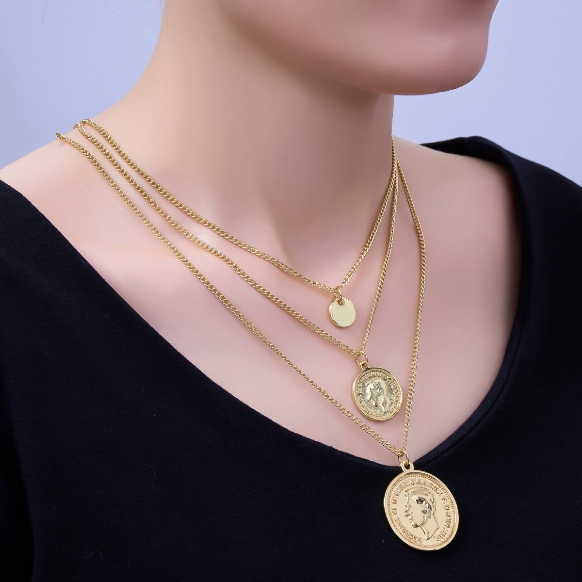 24K Gold Filled Face Coin Triple Layer Curb Chain Necklace | WA - 3051 - DLUXCA