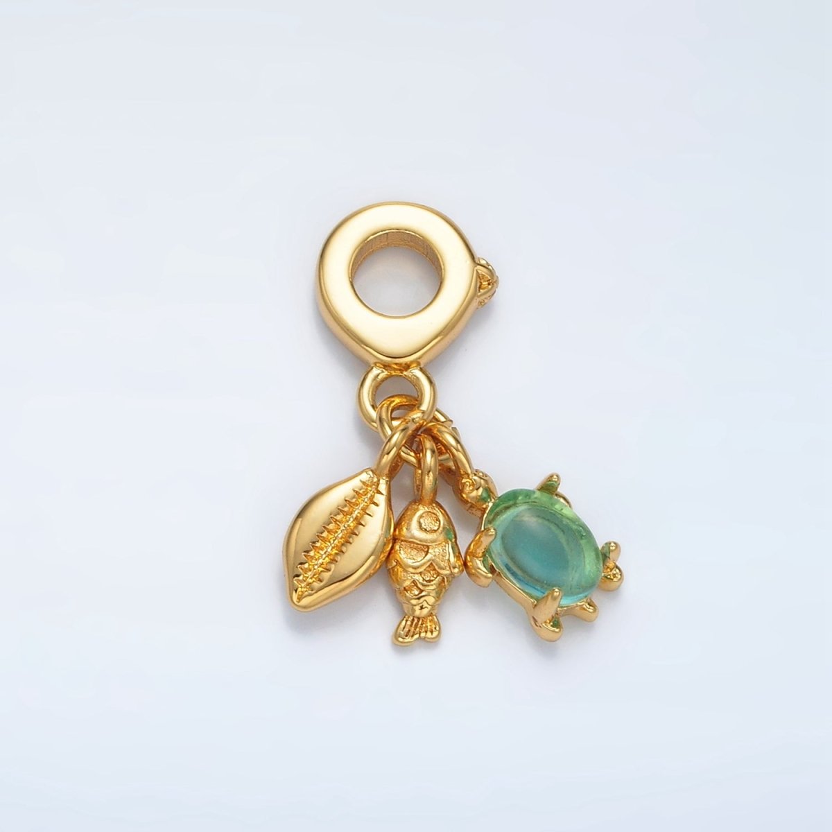 24K Gold Filled Fish Sea Shell CZ Rhondelle Bail Triple Ocean Drop Pendant | AC087 - DLUXCA