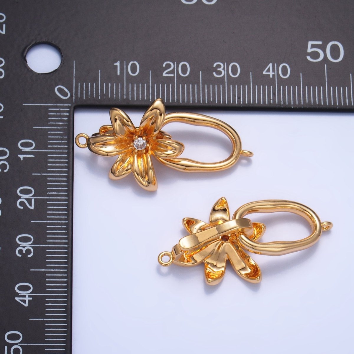 24K Gold Filled Flower CZ Snap Latch Molten Oblong Link Findings Set | Z967 - DLUXCA