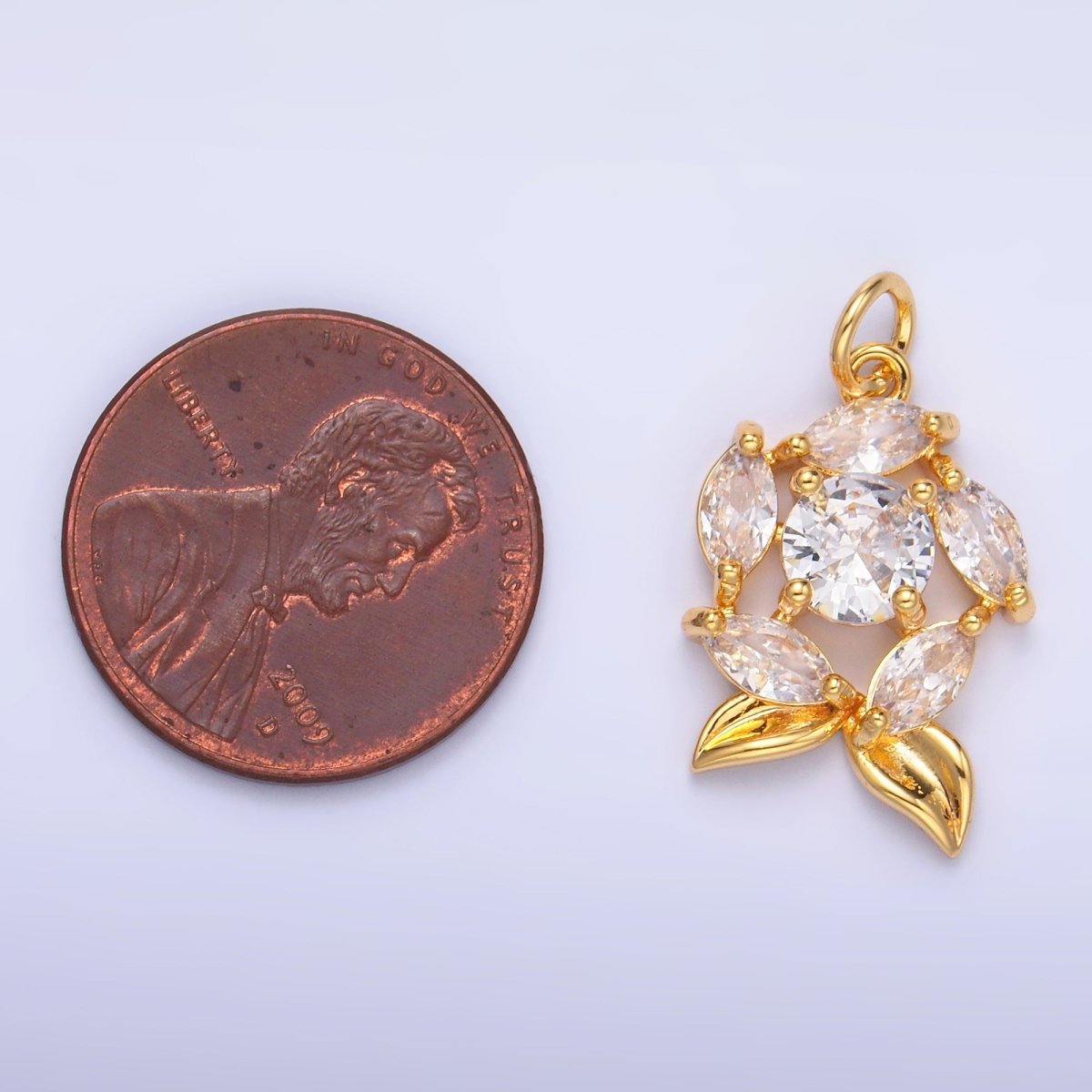 24K Gold Filled Flower Pendant Charm with Clear CZ Stone | X915 - DLUXCA