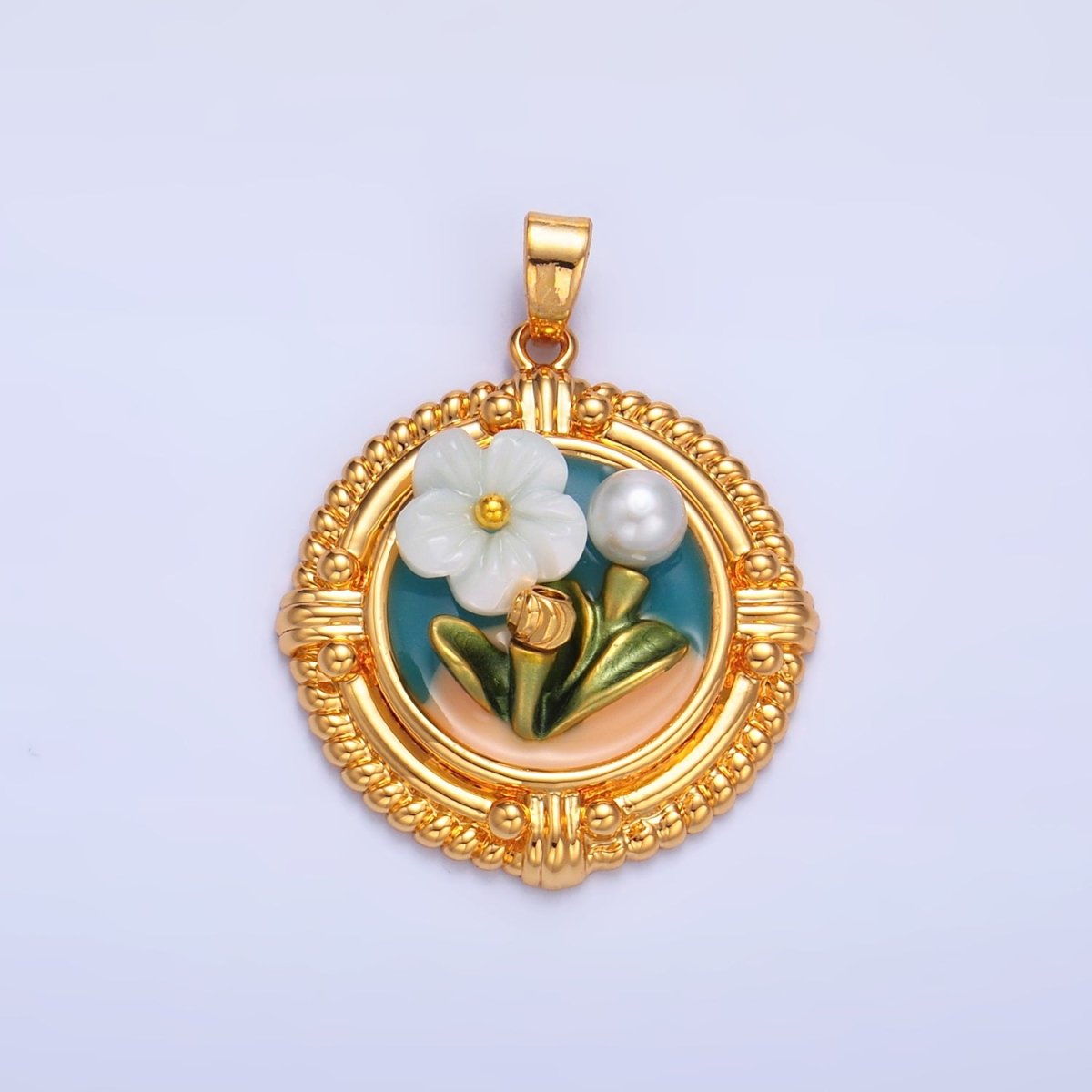 24K Gold Filled Flower Plant Shell Pearl Enamel Pendant | AA1076 - DLUXCA