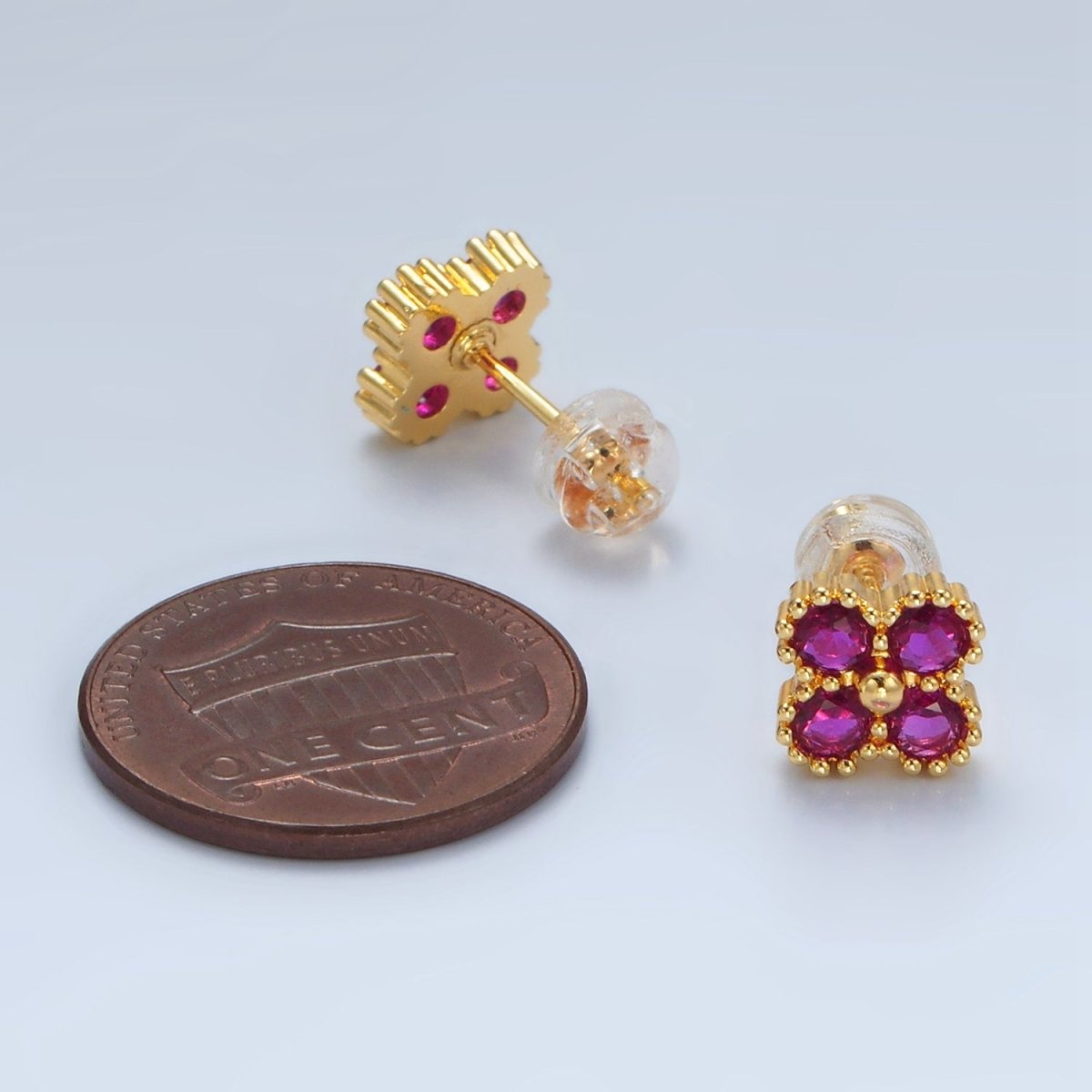 24K Gold Filled Fuchsia, Black, Clear CZ Quatrefoil Clover Flower Stud Earrings | AB1233 - AB1235 - DLUXCA