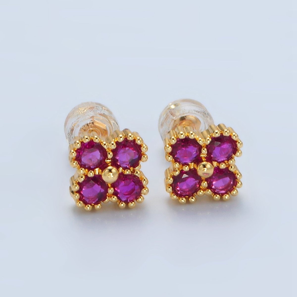 24K Gold Filled Fuchsia, Black, Clear CZ Quatrefoil Clover Flower Stud Earrings | AB1233 - AB1235 - DLUXCA