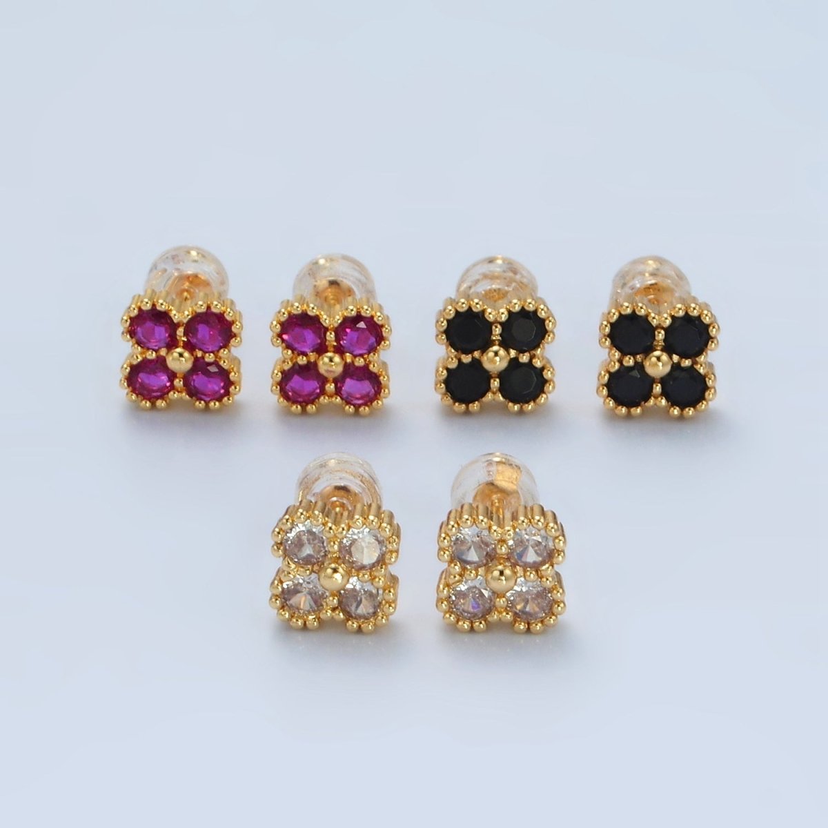 24K Gold Filled Fuchsia, Black, Clear CZ Quatrefoil Clover Flower Stud Earrings | AB1233 - AB1235 - DLUXCA