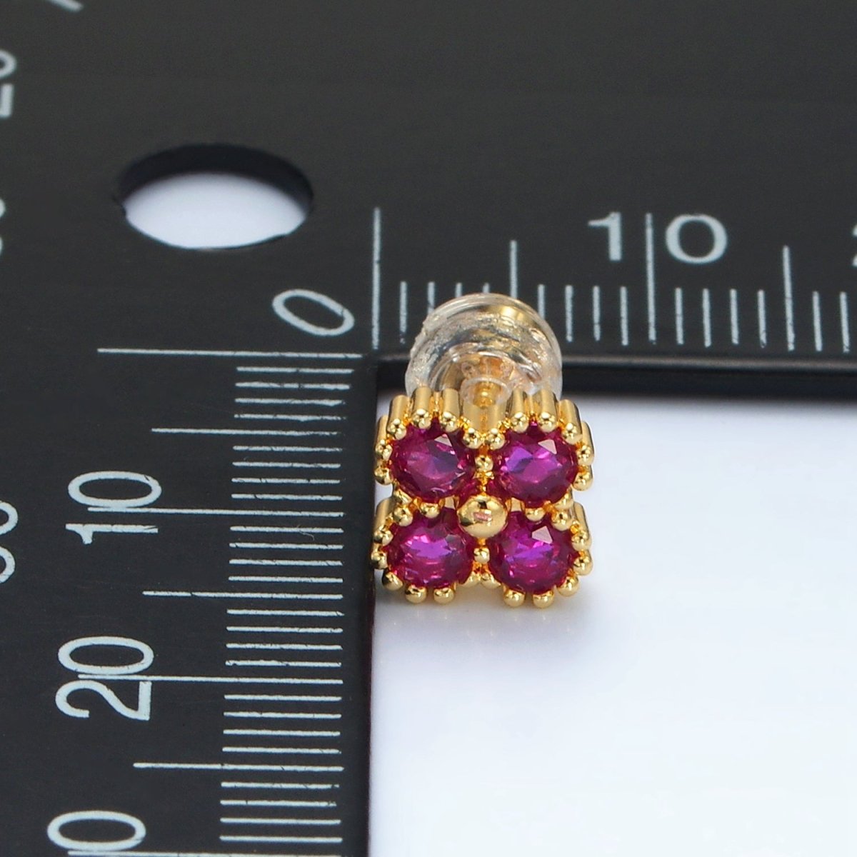 24K Gold Filled Fuchsia, Black, Clear CZ Quatrefoil Clover Flower Stud Earrings | AB1233 - AB1235 - DLUXCA