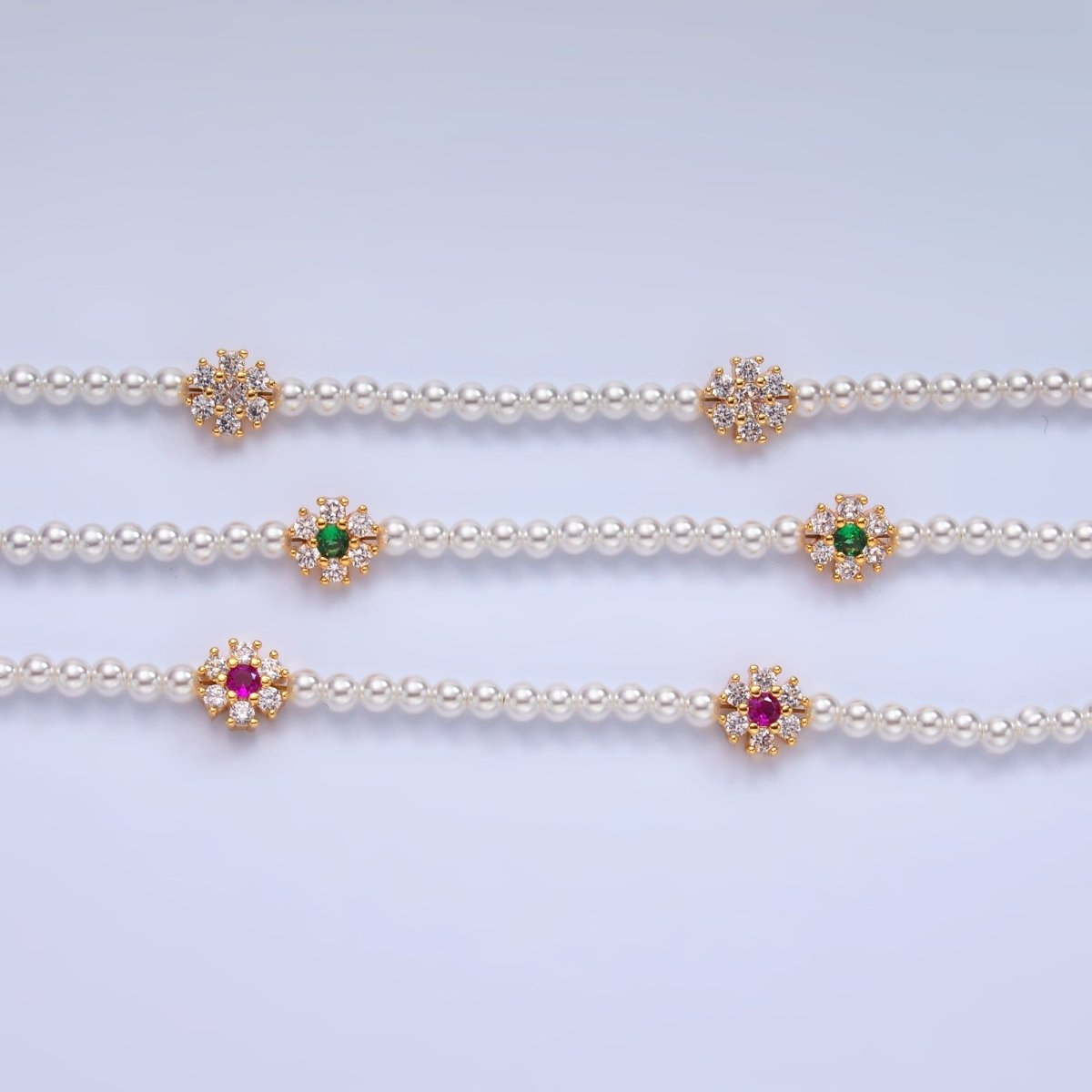 24K Gold Filled Fuchsia, Clear, Green CZ Flower Shell Pearl 17 Inch Necklace | WA - 3069 WA - 3070 - DLUXCA