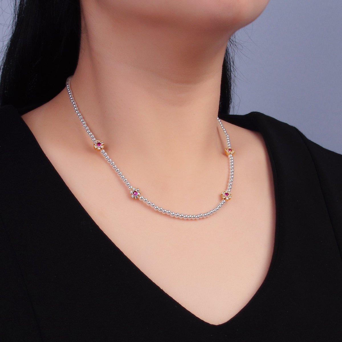 24K Gold Filled Fuchsia, Clear, Green CZ Flower Shell Pearl 17 Inch Necklace | WA - 3069 WA - 3070 - DLUXCA