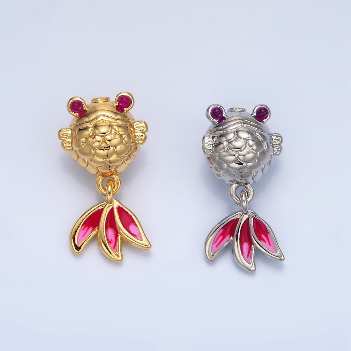 24K Gold Filled Fuchsia CZ Enamel Gold Fish Sea Animal Bead in Gold & Silver | B514 - DLUXCA