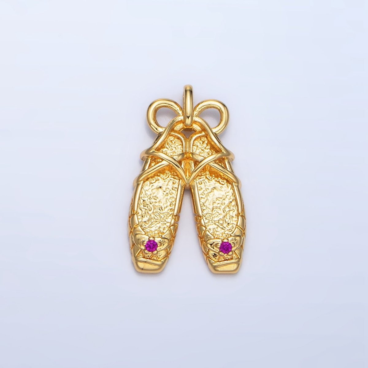 24K Gold Filled Fuchsia CZ Hammered Ribbon Ballet Dancing Shoes Pendant in Gold & Silver | AA118 - DLUXCA