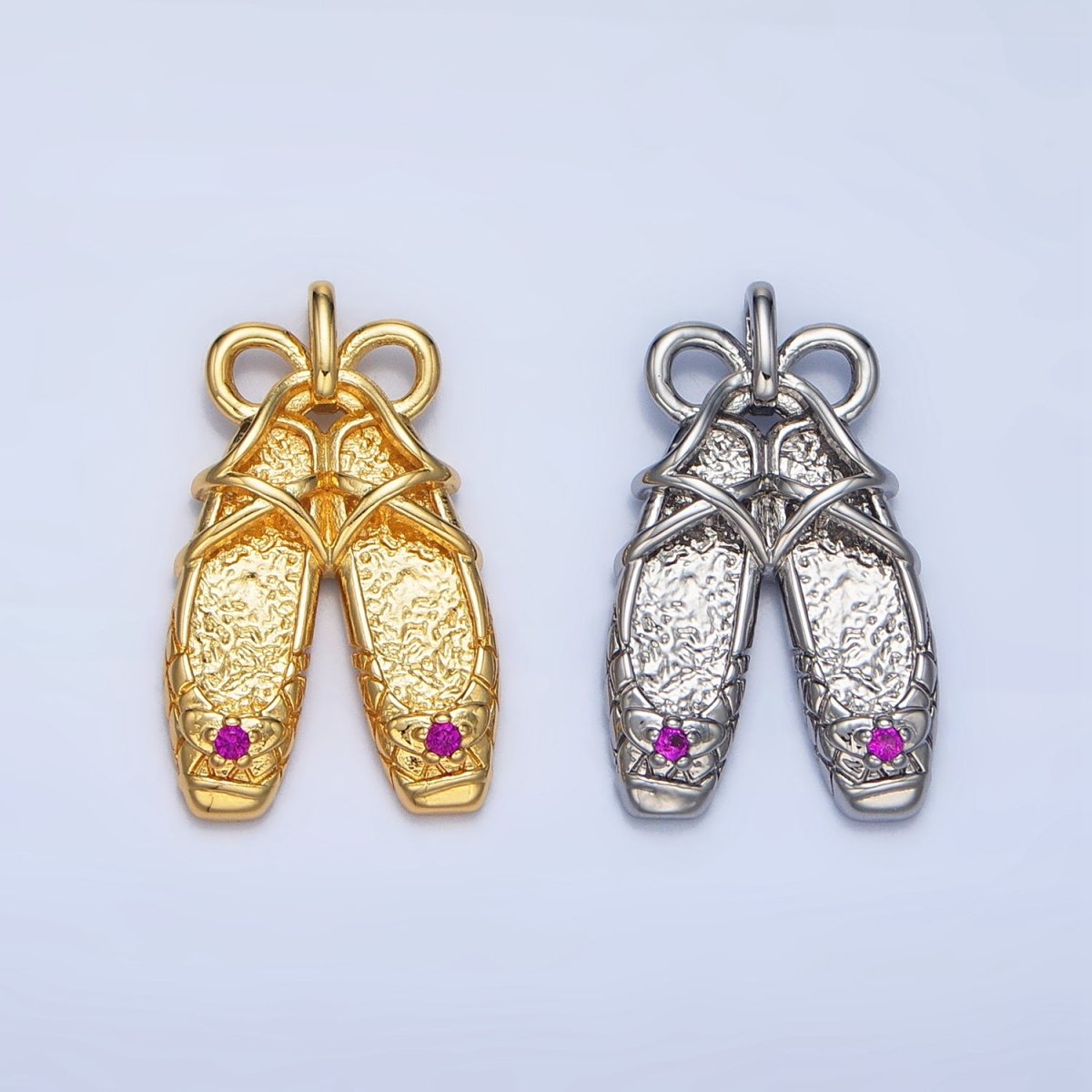 24K Gold Filled Fuchsia CZ Hammered Ribbon Ballet Dancing Shoes Pendant in Gold & Silver | AA118 - DLUXCA