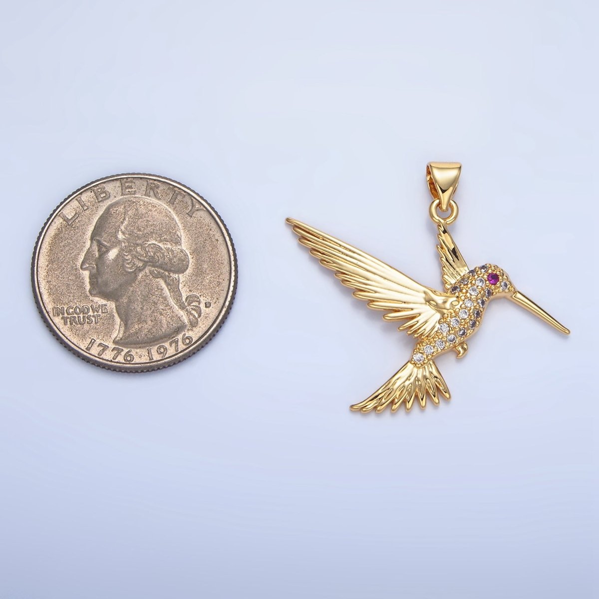 24K Gold Filled Fuchsia Eyed Micro Paved CZ Hummingbird Animal Pendant | AA782 - DLUXCA