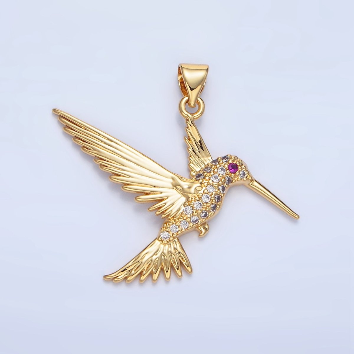 24K Gold Filled Fuchsia Eyed Micro Paved CZ Hummingbird Animal Pendant | AA782 - DLUXCA