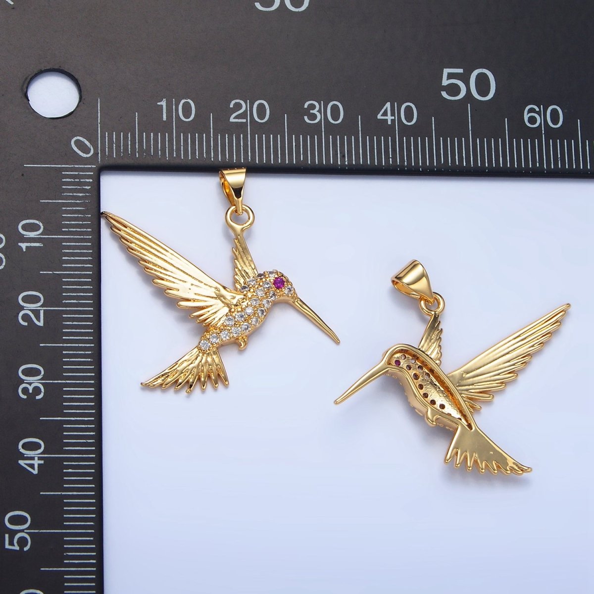 24K Gold Filled Fuchsia Eyed Micro Paved CZ Hummingbird Animal Pendant | AA782 - DLUXCA