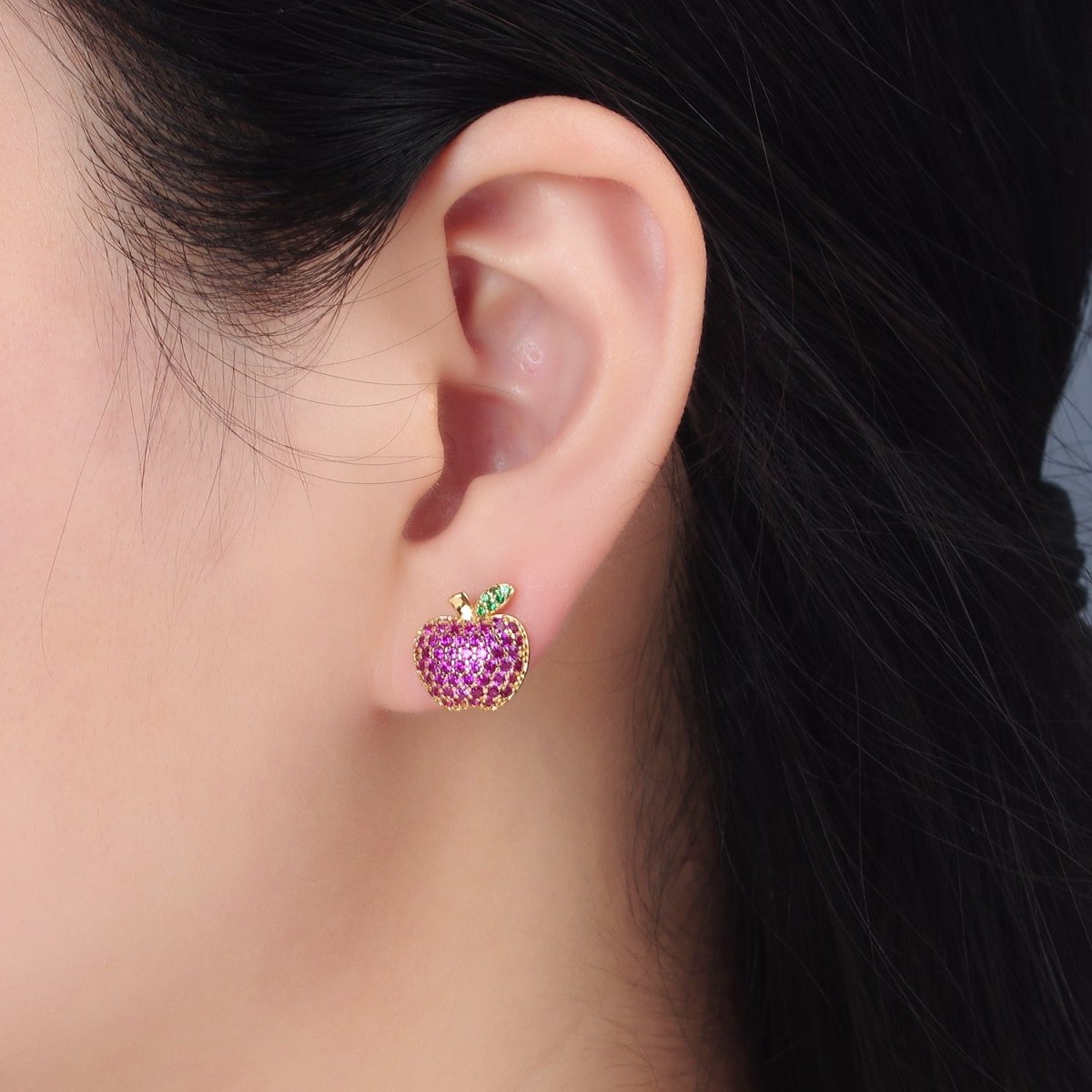 24k Gold Filled Fuchsia Micro Paved CZ Apple Fruit Stud Earrings | AD743 - DLUXCA