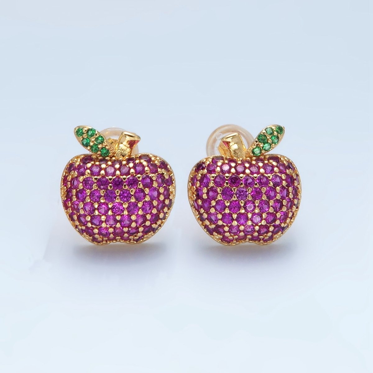 24k Gold Filled Fuchsia Micro Paved CZ Apple Fruit Stud Earrings | AD743 - DLUXCA