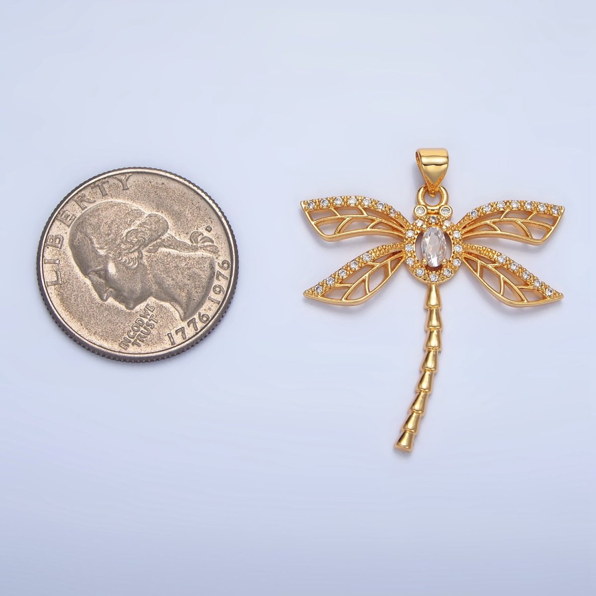 24K Gold Filled Geometric Dragonfly Insect Micro Paved CZ Pendant | AA140 - DLUXCA