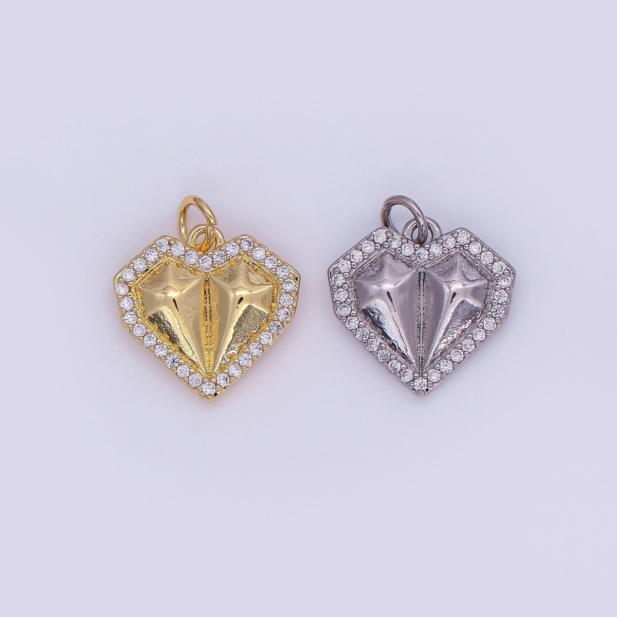 24K Gold Filled Geometric Edged Heart Micro Paved CZ Charm in Gold & Silver | N097 - DLUXCA
