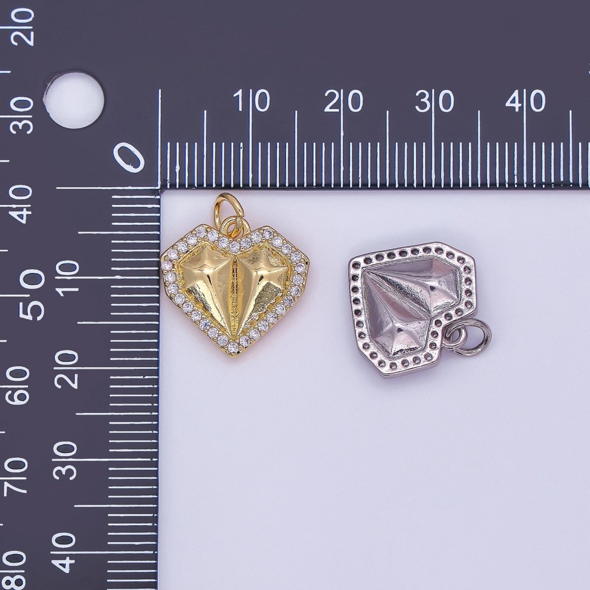 24K Gold Filled Geometric Edged Heart Micro Paved CZ Charm in Gold & Silver | N097 - DLUXCA