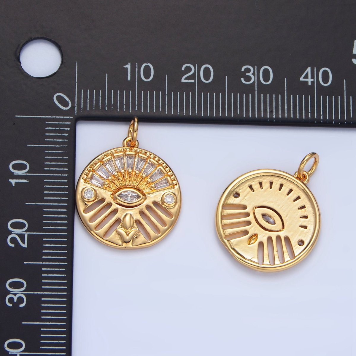 24K Gold Filled Geometric Evil Eye Marquise Baguette CZ Open Bar Round Charm | X803 - DLUXCA