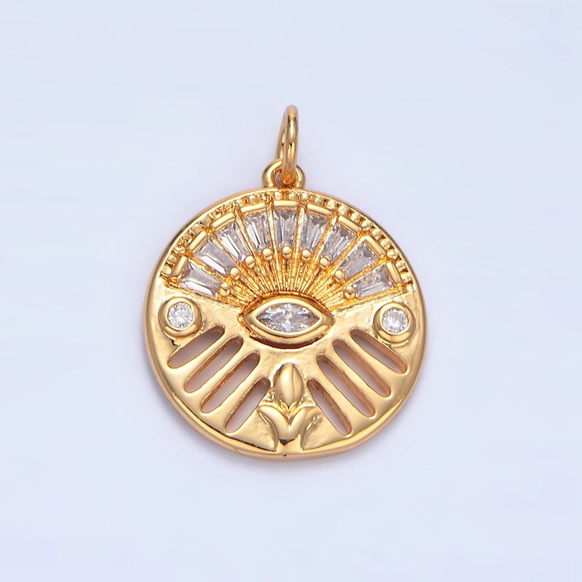 24K Gold Filled Geometric Evil Eye Marquise Baguette CZ Open Bar Round Charm | X803 - DLUXCA