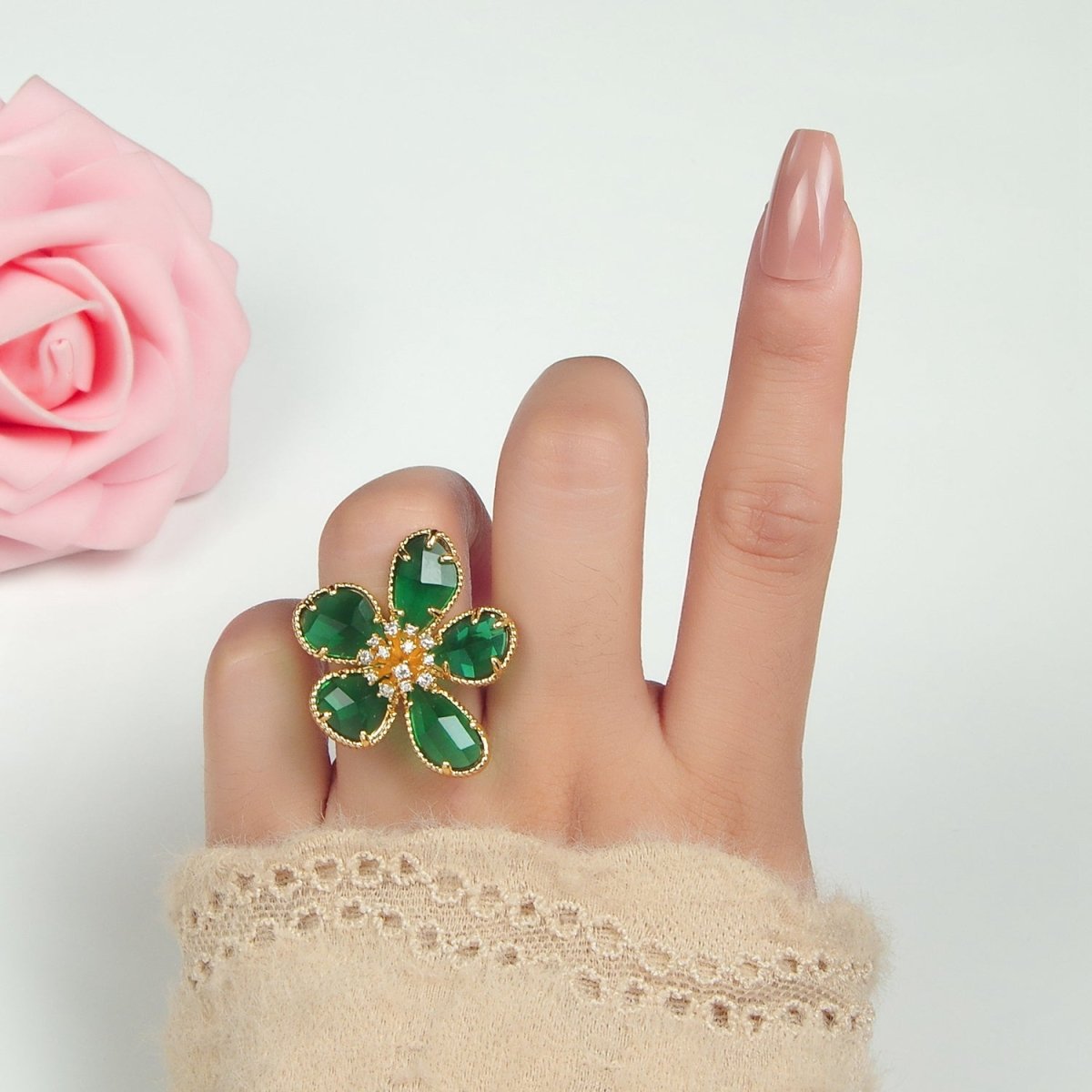 24K Gold Filled Green Acrylic Micro Paved CZ Daisy Flower Ring | O - 1411 - DLUXCA