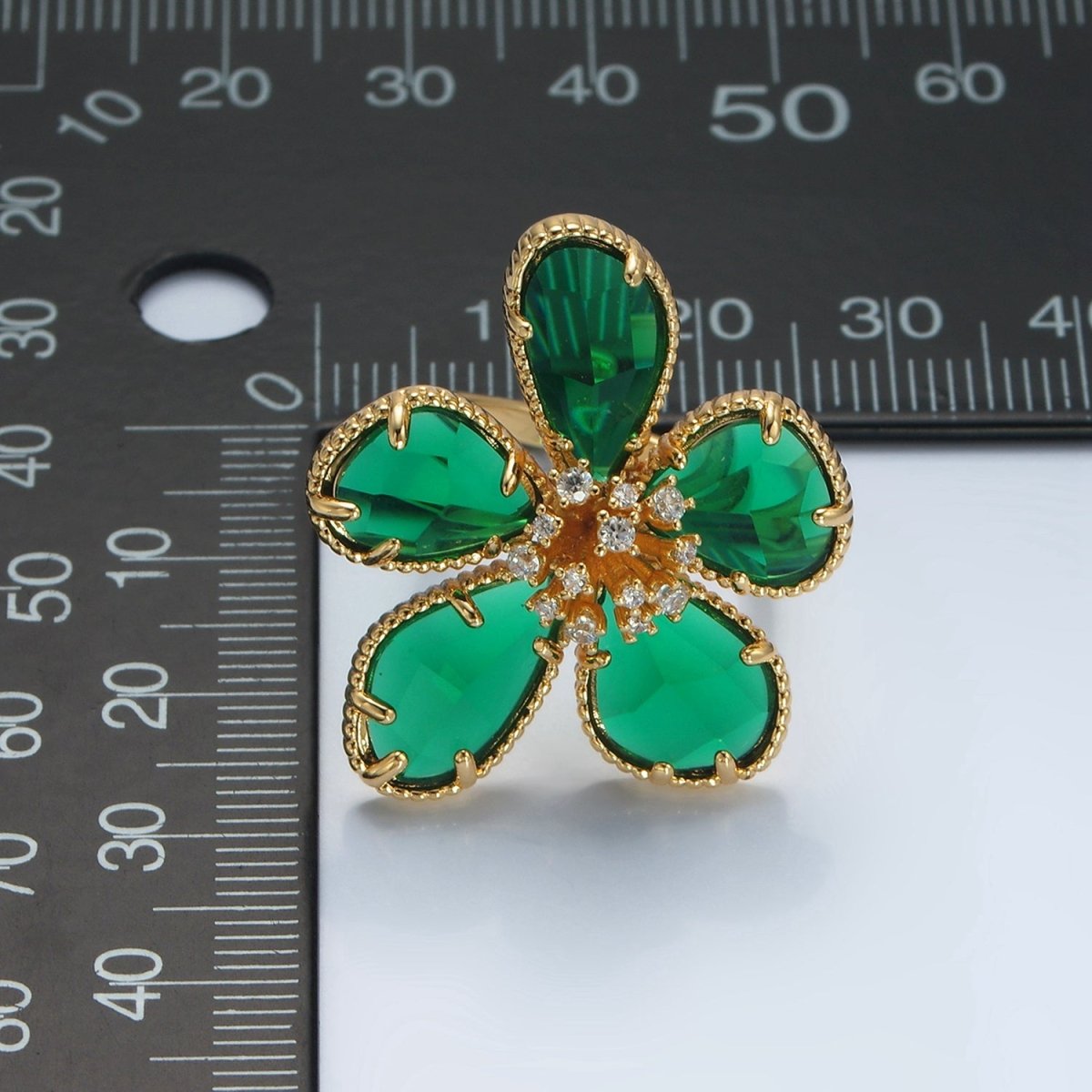 24K Gold Filled Green Acrylic Micro Paved CZ Daisy Flower Ring | O - 1411 - DLUXCA