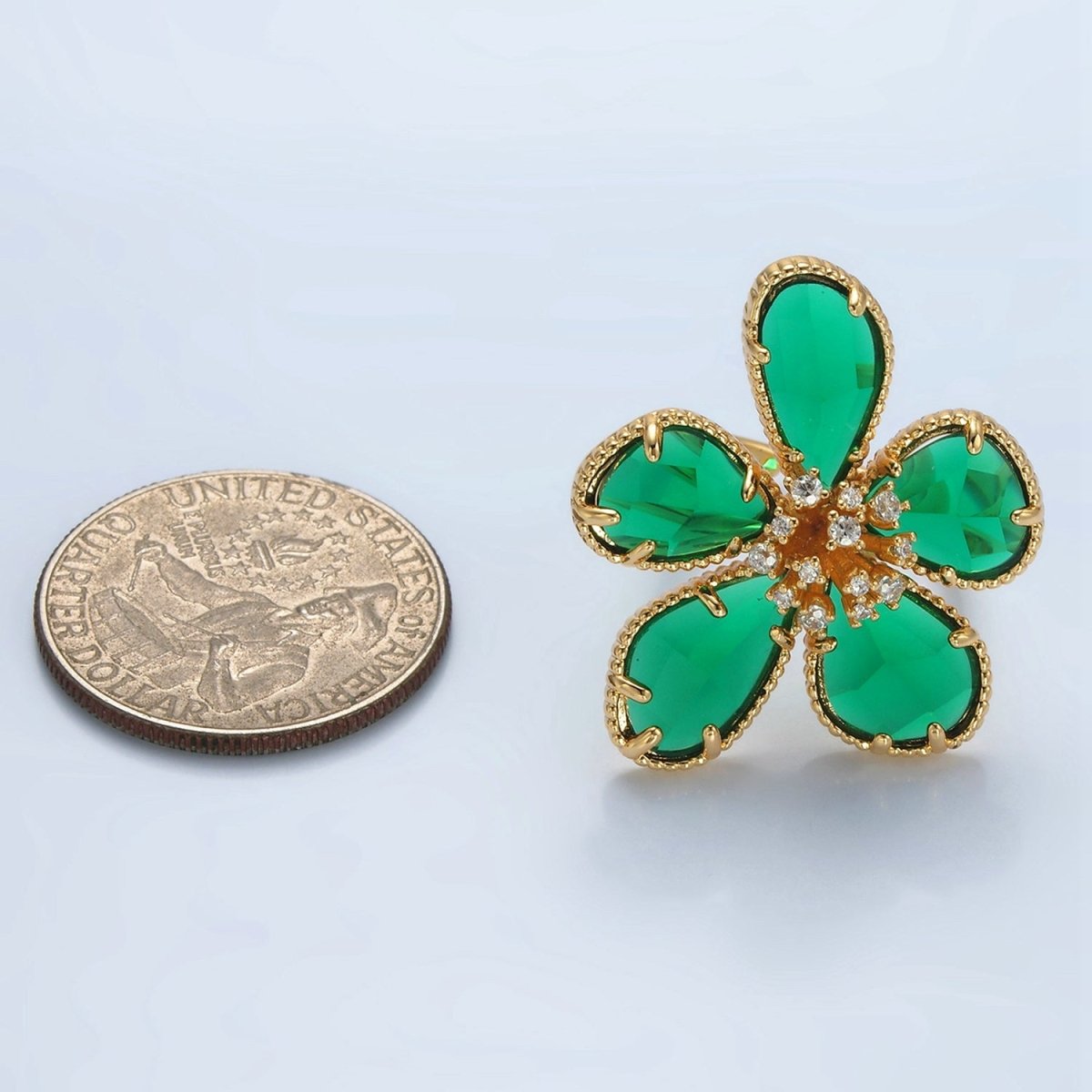 24K Gold Filled Green Acrylic Micro Paved CZ Daisy Flower Ring | O - 1411 - DLUXCA