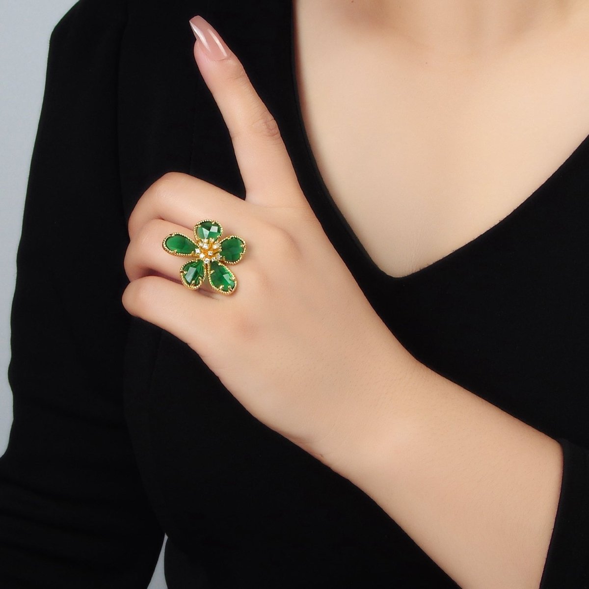 24K Gold Filled Green Acrylic Micro Paved CZ Daisy Flower Ring | O - 1411 - DLUXCA