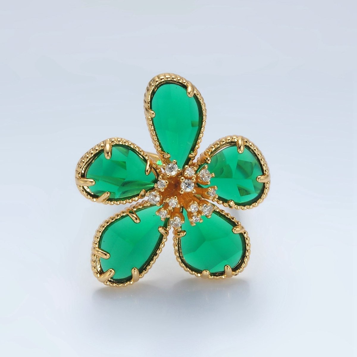 24K Gold Filled Green Acrylic Micro Paved CZ Daisy Flower Ring | O - 1411 - DLUXCA