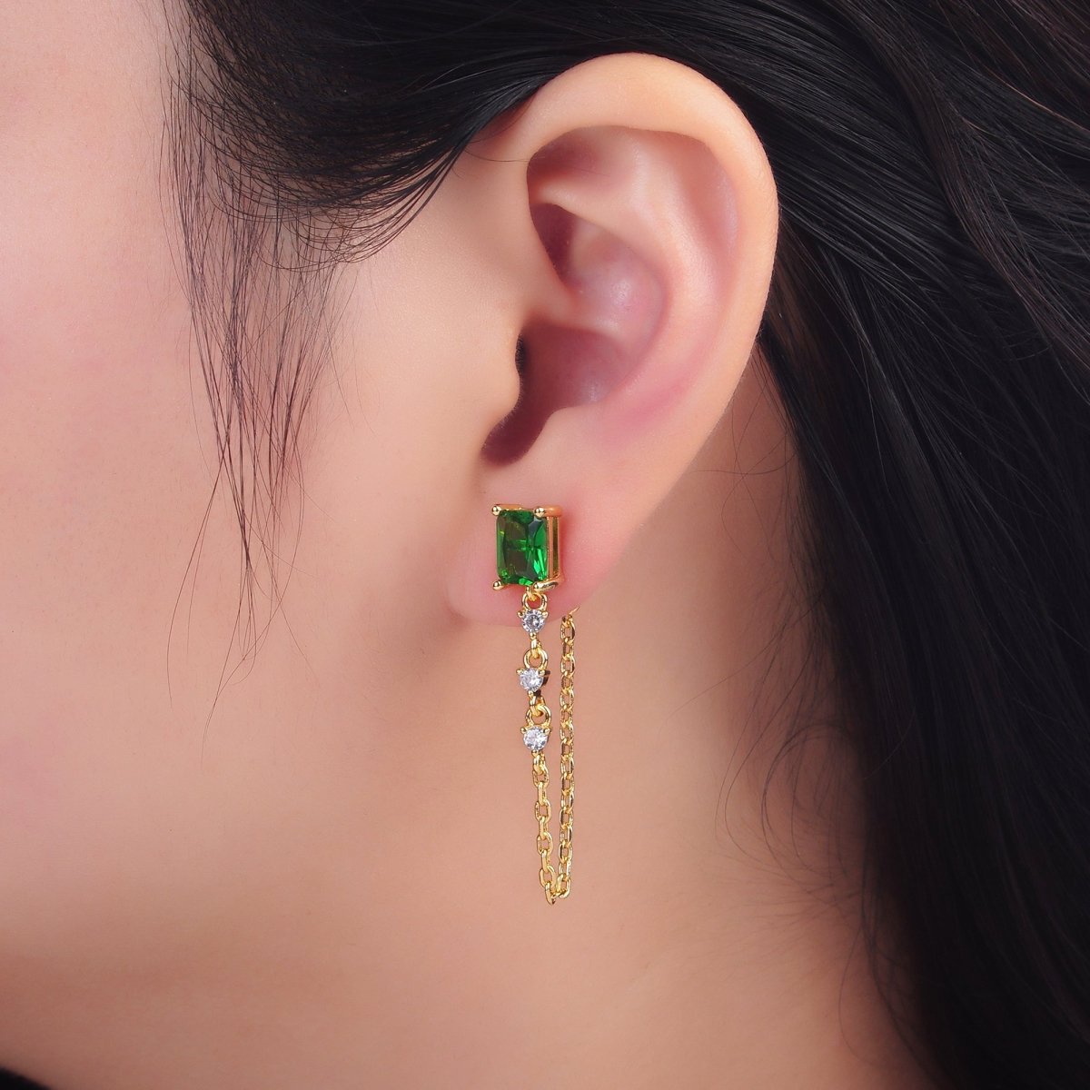 24K Gold Filled Green Baguette CZ Chain Drop Stud Earrings | Q531 - DLUXCA