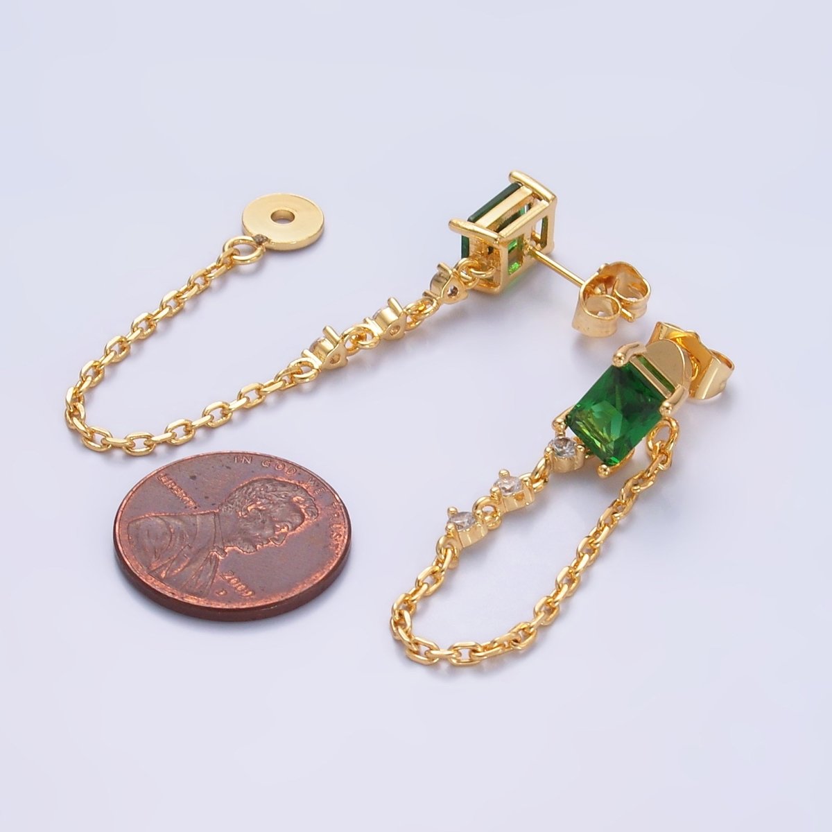 24K Gold Filled Green Baguette CZ Chain Drop Stud Earrings | Q531 - DLUXCA