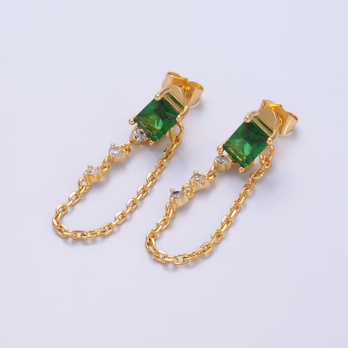 24K Gold Filled Green Baguette CZ Chain Drop Stud Earrings | Q531 - DLUXCA