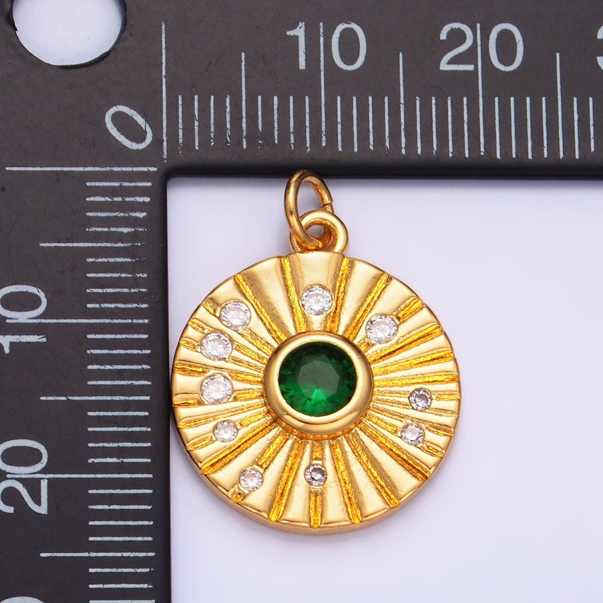 24K Gold Filled Green CZ Dotted Ribbed Round Geometric Charm | W274 - DLUXCA