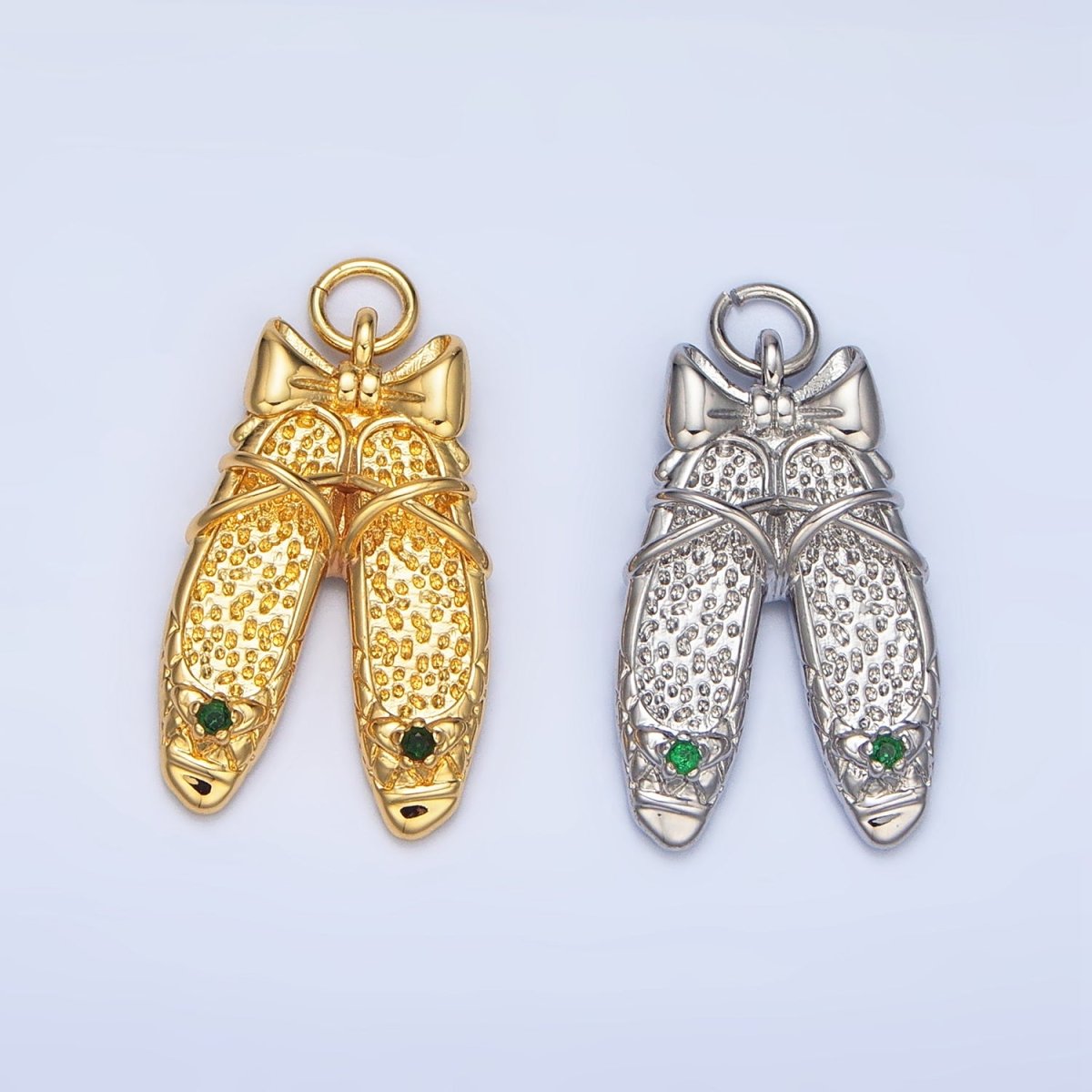 24K Gold Filled Green CZ Hammered Ribbon Ballet Dancing Shoes Charm in Gold & Silver | E339 - DLUXCA