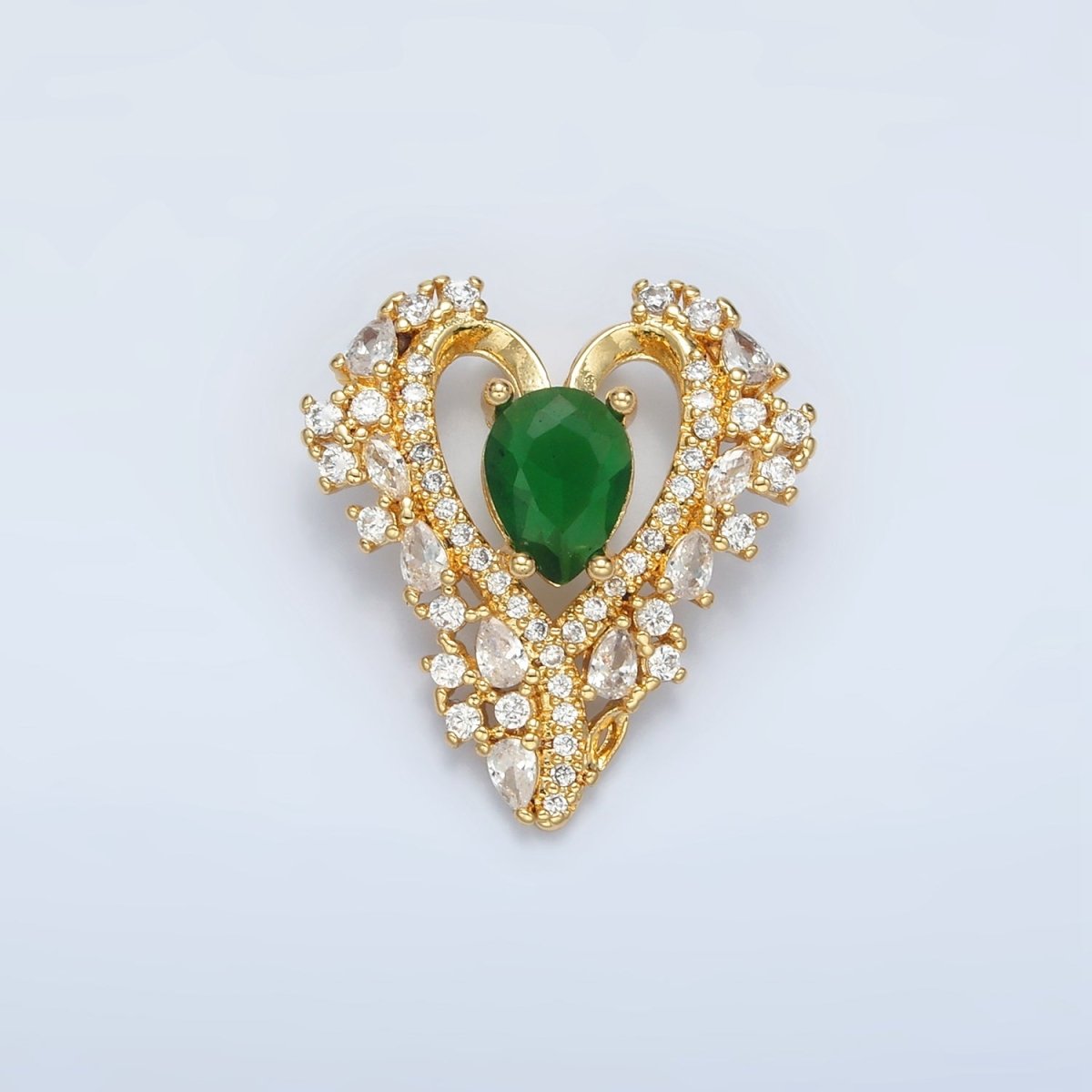 24K Gold Filled Green CZ Micro Paved Back Looped Open Heart Pendant | I267 - DLUXCA