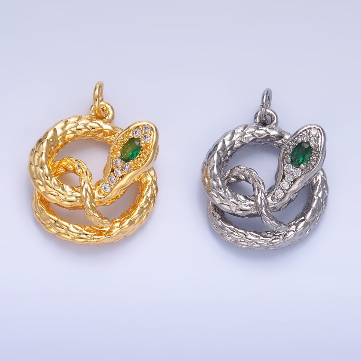 24K Gold Filled Green CZ Micro Paved Circular Snake Serpent Animal Charm in Gold & Silver | W365 - DLUXCA