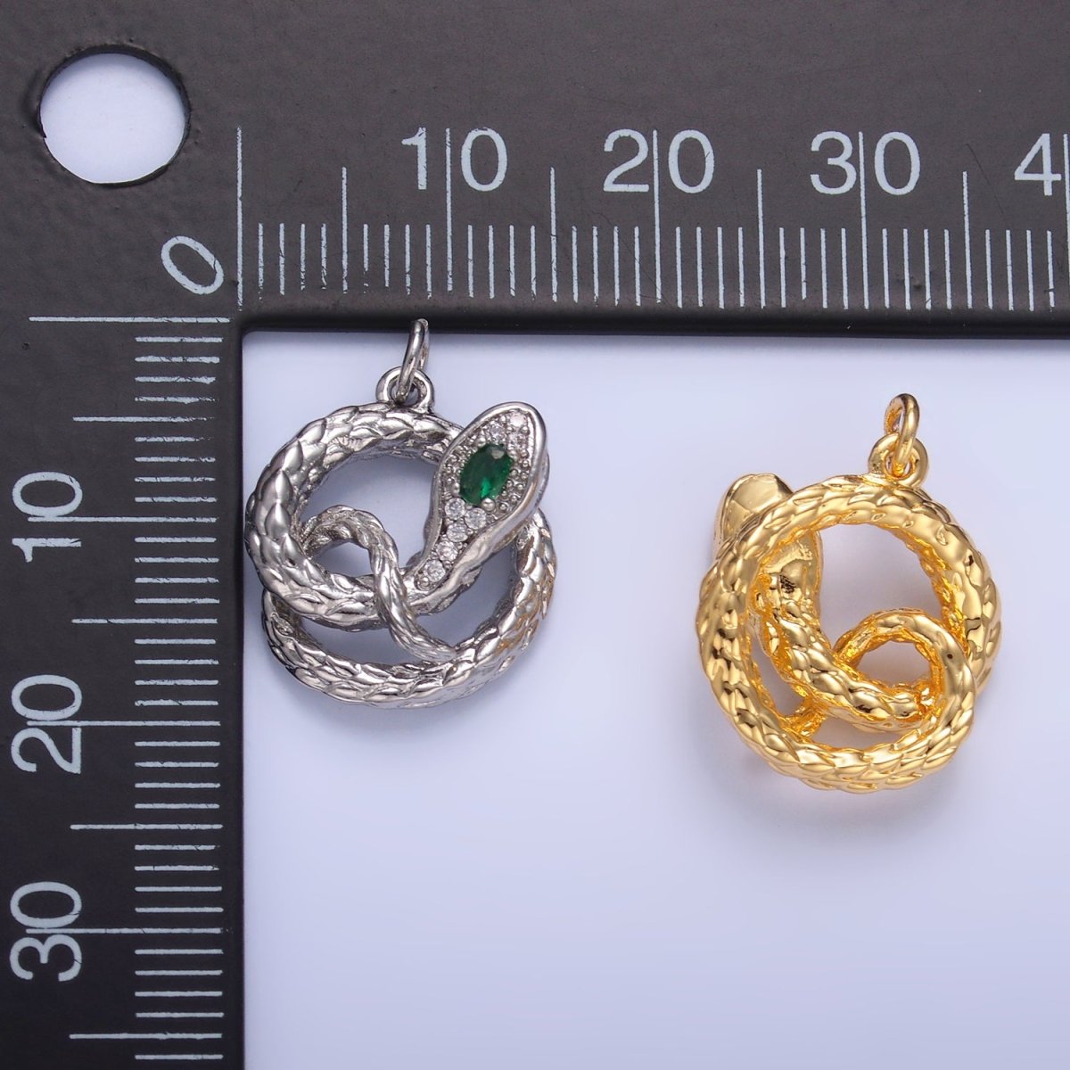 24K Gold Filled Green CZ Micro Paved Circular Snake Serpent Animal Charm in Gold & Silver | W365 - DLUXCA