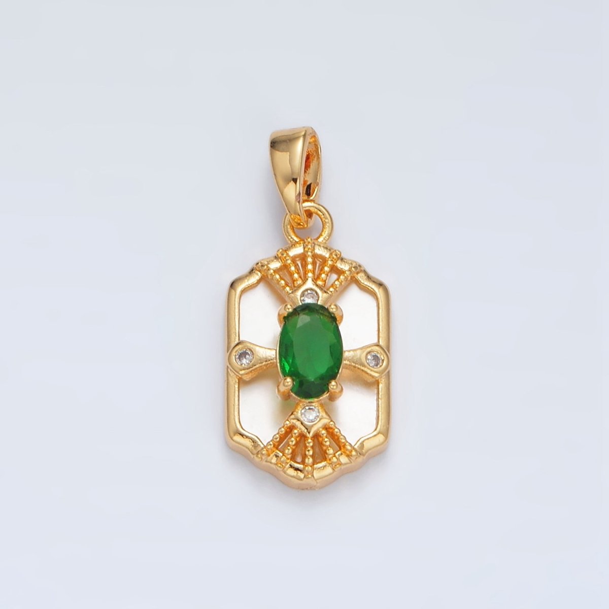 24K Gold Filled Green CZ Shell Pearl Dotted Geometric Bezel Pendant | AA1516 - DLUXCA