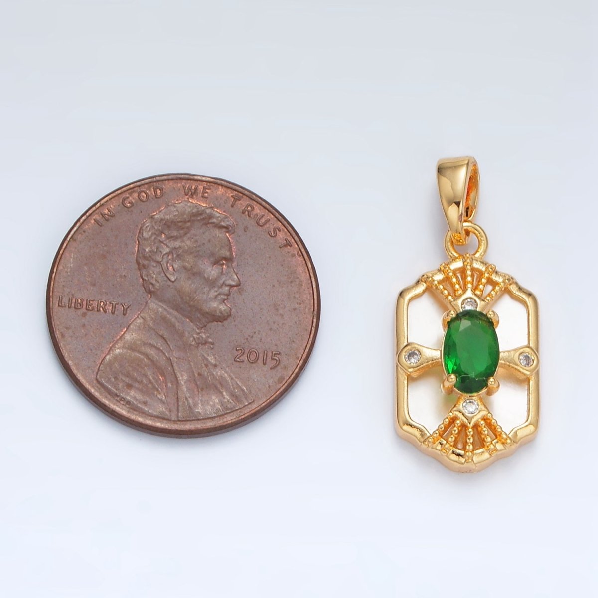 24K Gold Filled Green CZ Shell Pearl Dotted Geometric Bezel Pendant | AA1516 - DLUXCA