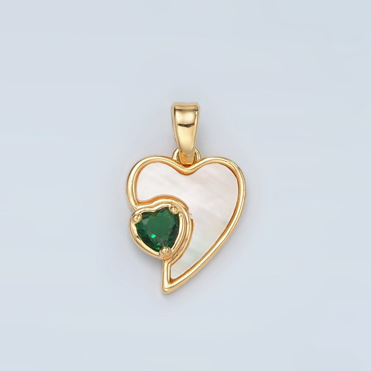 24K Gold Filled Green CZ Shell Pearl Heart Bezel Pendant | H739 - DLUXCA