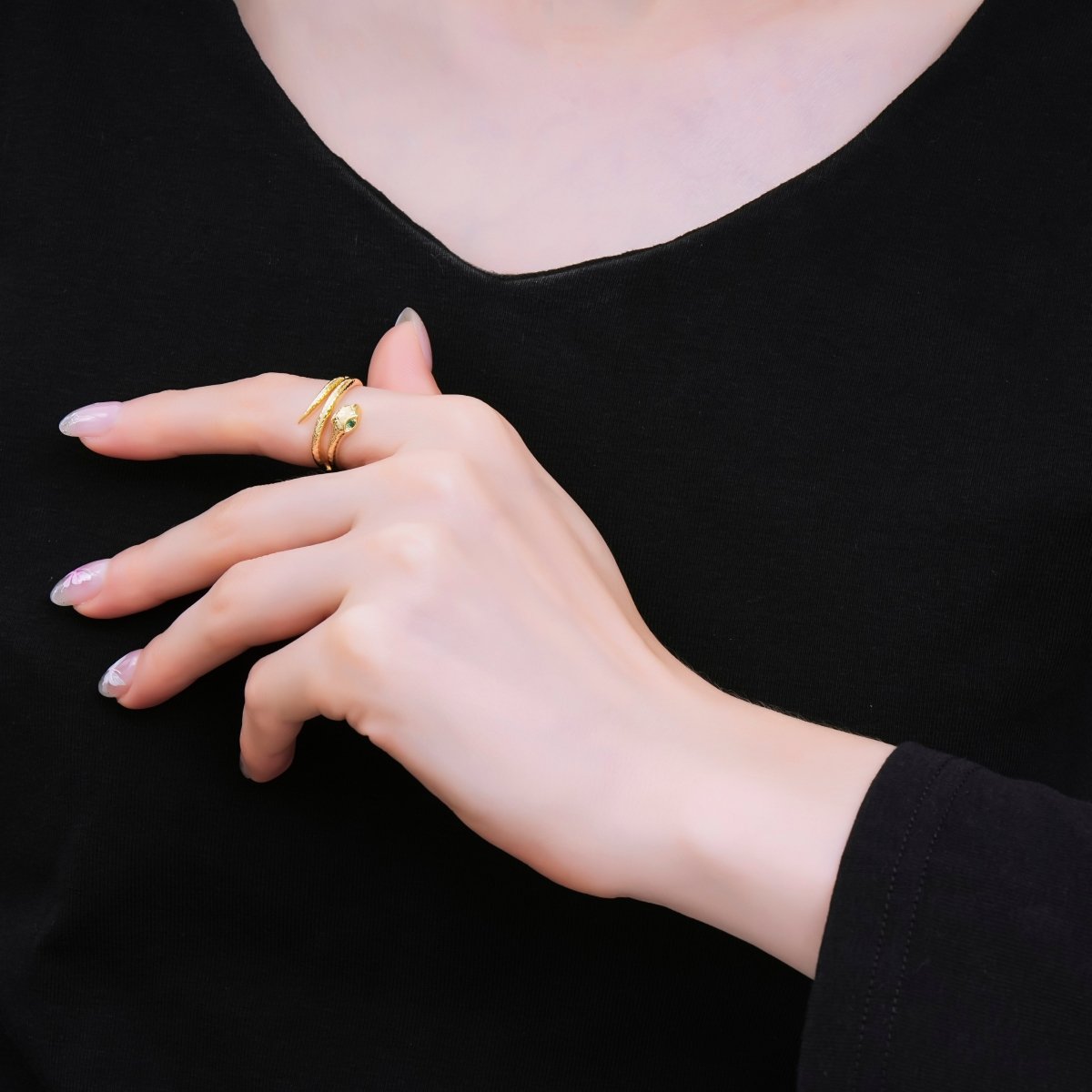 24K Gold Filled Green CZ Snake Serpent Scaled Adjustable Ring | O1185 - DLUXCA