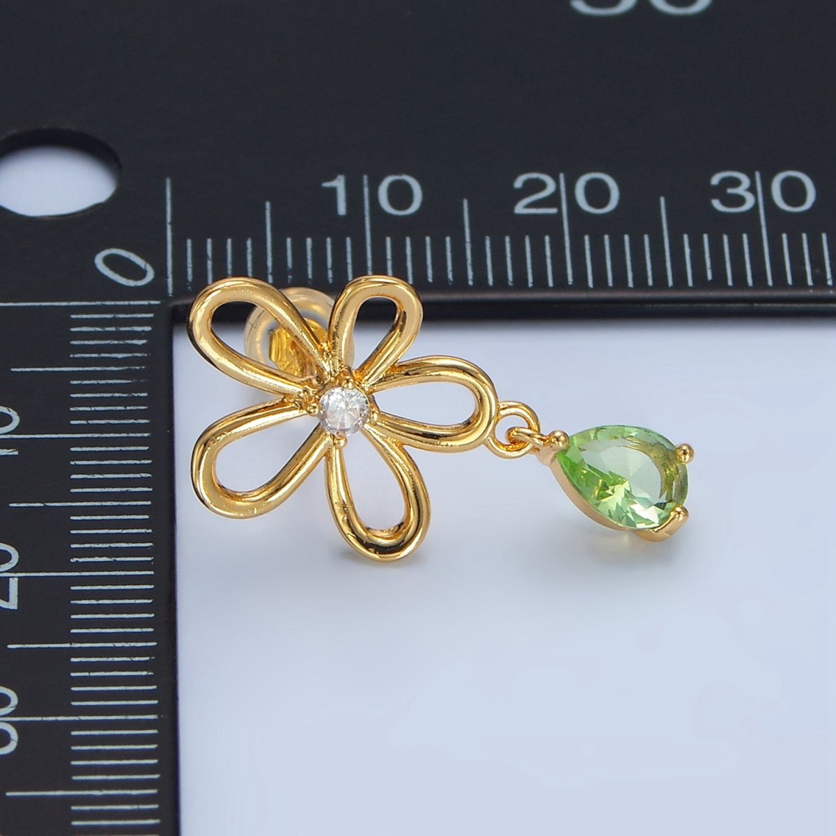 24K Gold Filled Green CZ Teardrop Open Flower Drop Stud Earrings | P166 - DLUXCA