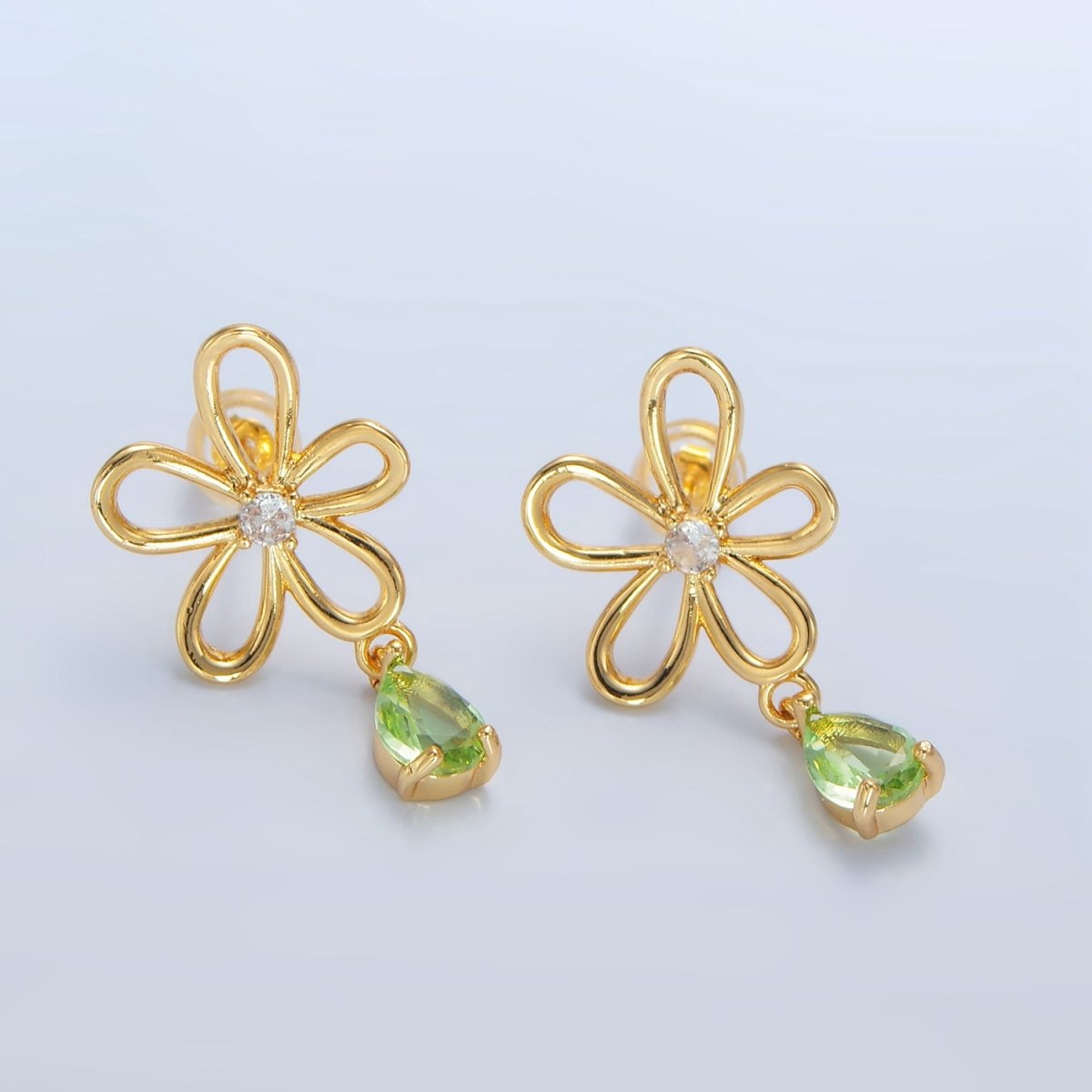 24K Gold Filled Green CZ Teardrop Open Flower Drop Stud Earrings | P166 - DLUXCA