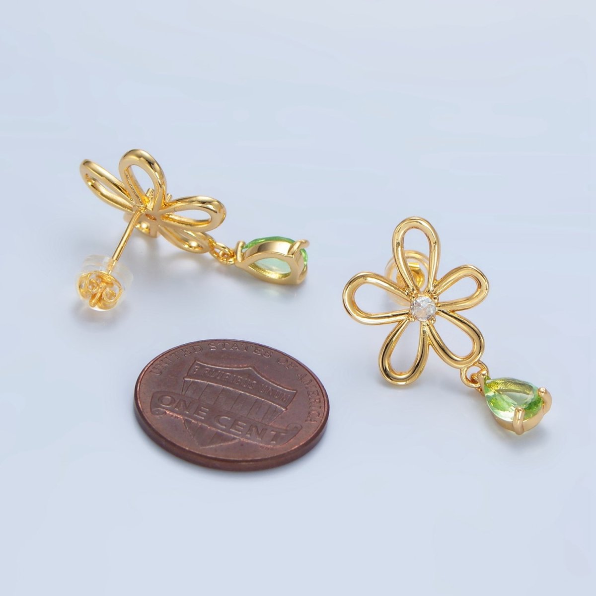 24K Gold Filled Green CZ Teardrop Open Flower Drop Stud Earrings | P166 - DLUXCA